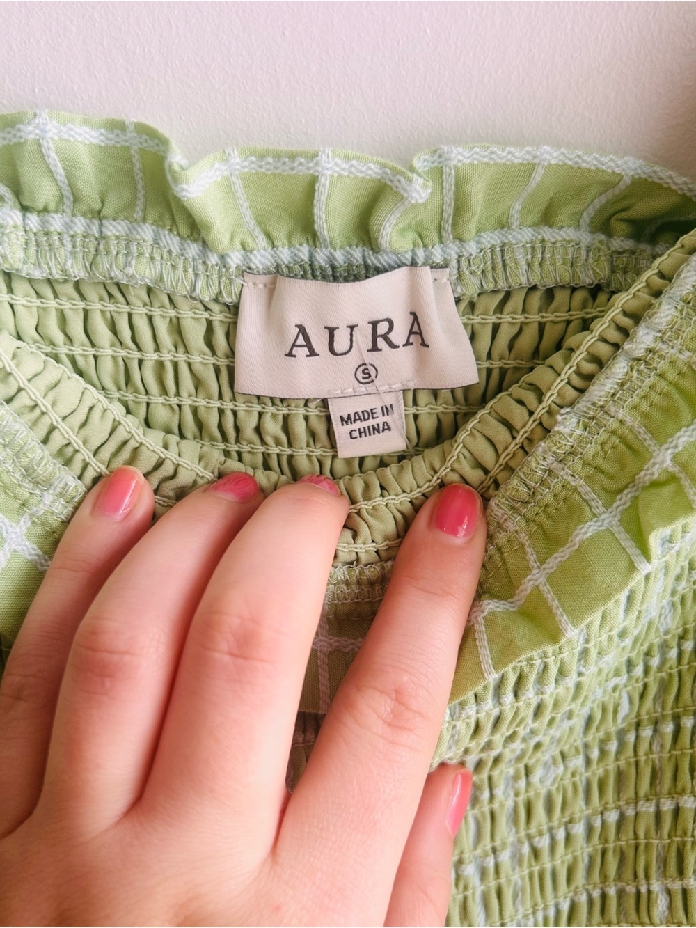 Aura Light Green Smocked Top with White Grid - Picture 4 of 4
